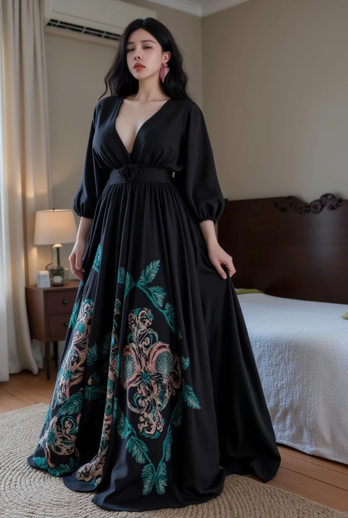 a woman wearing black silk oversize short dress with batic patern in the cozy bedroom