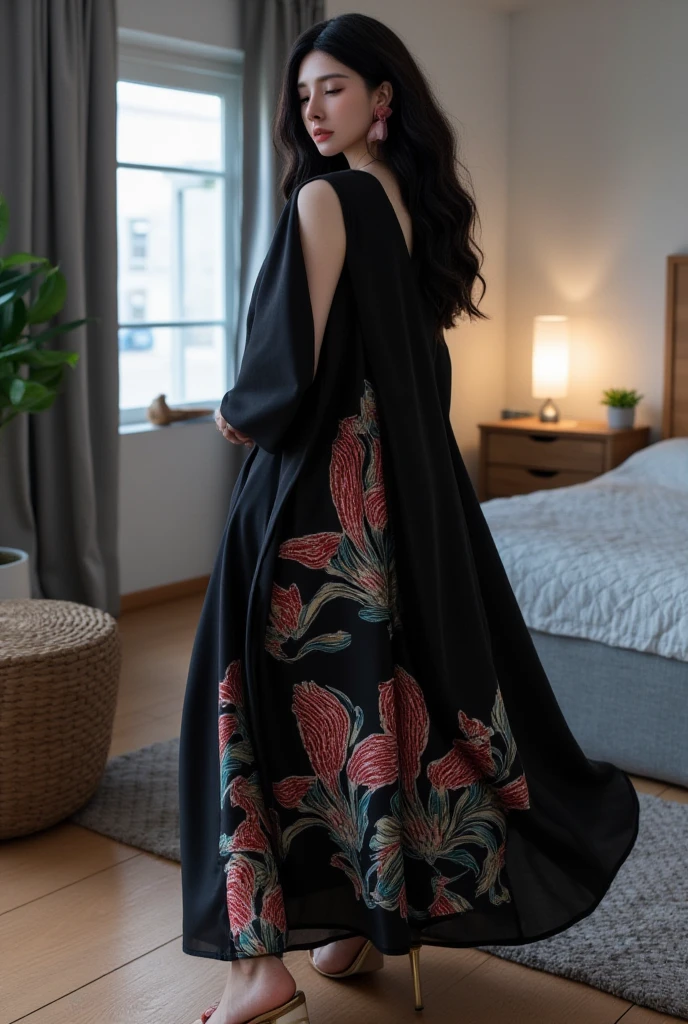 a woman wearing black silk oversize short dress with batic patern in the cozy bedroom