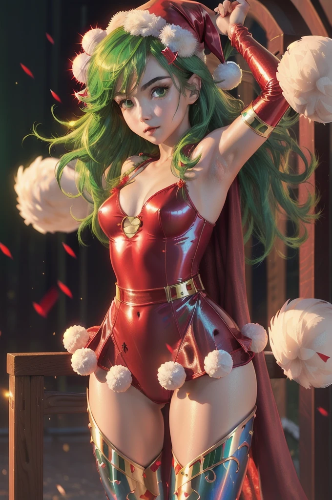 1girl,solo,(cowboy shot:1.2),standard height,standing,(green hair:1.4),long hair, flipped hair,bangs,(hair ornament:1.4),(green eyes:1.3),(beautiful fingers:1.6),(perfect anatomy:1.6),(arms_behind_back:1.6),BREAK,(red leotard:1.6),(red santa cape:1.6),(red santa costume:1.6),(leather lace glossy silk lamé:1.4),(latex luster shiny glossy enamel holographic metallic:1.6),(shiny_clothes:1.6),medium breasts,(beautiful breasts:1.2),(masterpiece,best quality:1.2),(Ultra high definition eyes:1.2),8k,(Beautiful detailed eyes:1.2),(Fine and beautiful eyes:1.2),(pretty eyes:1.2),finely detail,extremely CG, absurdres,high resolution,illustration,Detailed and beautiful outlines,finely detail,high resolution,(colorful refraction:1.4,Increase saturation:1.2),beautiful lighting,dynamic lighting,closed room,black background,simple background, smile,looking at viewer,rydia,(red cape:1.2), belt, detached sleeves,red dress,white fur trim,(santa hat:1.2),(white pom-pom:1.4),thigh boots,black belt,gold buckle,velvet fabric,fluffy trimm,faux fur, (red thigh boots:1.4)