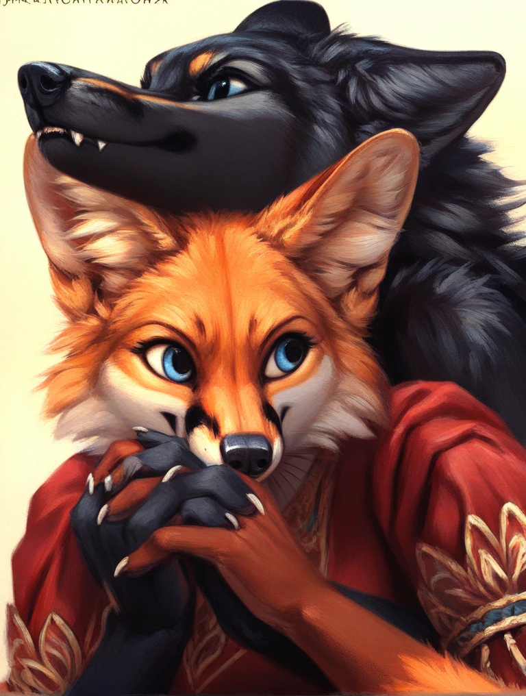 score_9, score_8_up, score_7_up, source_furry, rating_safe, by kenket, anthro, duo, female/female, wolf, disappointment, doggy style, fullbody portrait, black body, blue eyes, fox, orange body, hand holding, face to face, competitive, dresses
