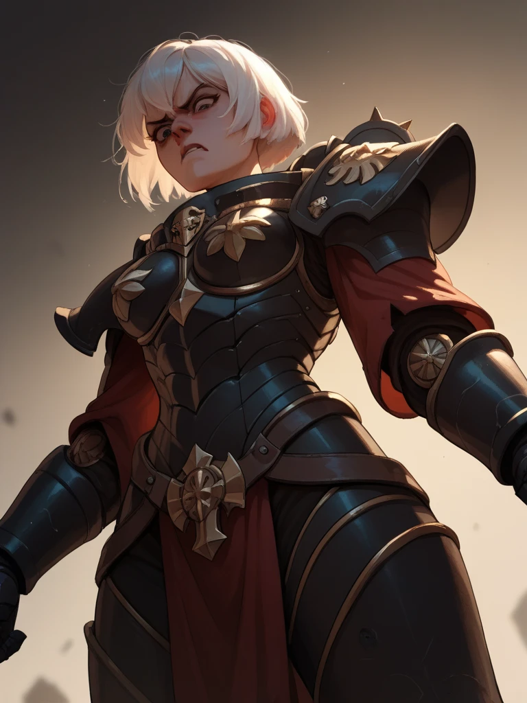 armor, shoulder armor, 1girl, pauldrons, short hair, power armor, white hair disgusted face, looking down,, score_9, score_8_up, score_7_up, score_6_up, score_5_up, score_4_up, BREAK, nude below the waist 