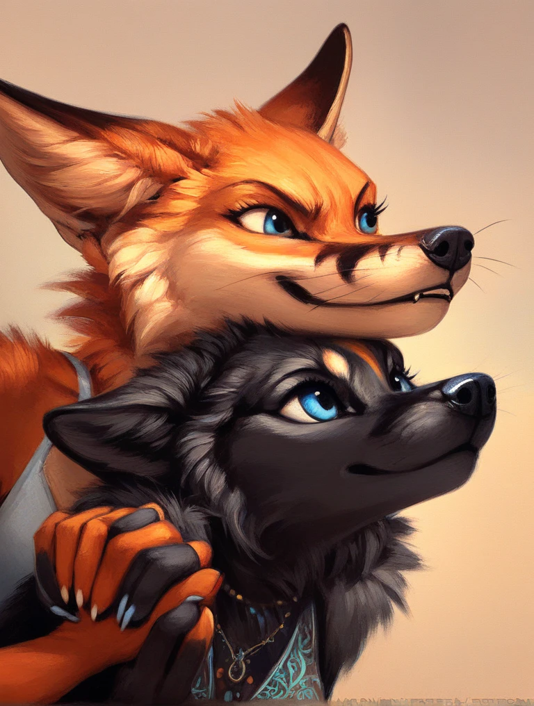 score_9, score_8_up, score_7_up, source_furry, rating_safe, by kenket, anthro, duo, female/female, wolf, disappointment, doggy style, fullbody portrait, black body, blue eyes, fox, orange body, hand holding, face to face, competitive, dresses
