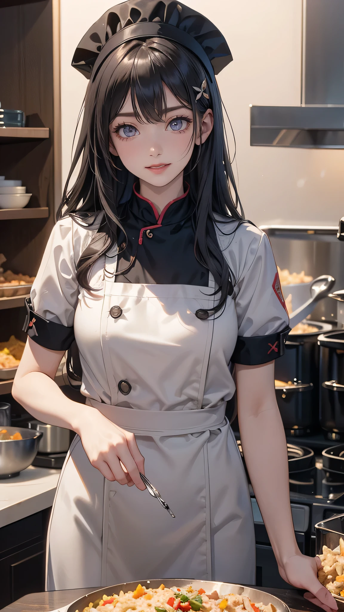 , Long hair, Black Hair, hair ornaments, Ahoge, Hair Clip, x hair ornaments, (Gray eyes:1.1),tooth,happy smile, smile, Open your mouth,chef uniform, chef hat, chef, Zend 4y4, cooking, Chinese pan, fire, fried rice, Stove, フレームから足が外れている
break indoors, kitchen,
break looking at viewer, (Cowboy Shot:1.5),
break (masterpiece:1.2), highest quality, High resolution, unity 8k wallpaper, (shape:0.8), (Beautiful details:1.6), Highly detailed face, Perfect lighting, Extremely detailed CG, (Perfect hands, Perfect Anatomy),