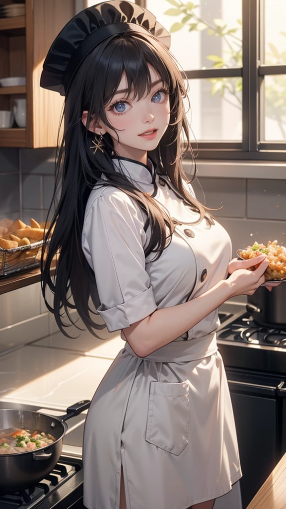 , Long hair, Black Hair, hair ornaments, Ahoge, Hair Clip, x hair ornaments, (Gray eyes:1.1),tooth,happy smile, smile, Open your mouth,chef uniform, chef hat, chef, Zend 4y4, cooking, Chinese pan, fire, fried rice, Stove, フレームから足が外れている
break indoors, kitchen,
break looking at viewer, (Cowboy Shot:1.5),
break (masterpiece:1.2), highest quality, High resolution, unity 8k wallpaper, (shape:0.8), (Beautiful details:1.6), Highly detailed face, Perfect lighting, Extremely detailed CG, (Perfect hands, Perfect Anatomy),