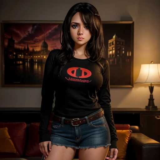 A beautiful hyperreal woman who represents Sailor Moon. Black hair, very big breasts, giant butt, tiny waist. Her face has Japanese anime features. Pigtails: she has long black hair that reaches approximately the middle of his back. Her distinctive hairstyle consists of two high, voluminous pigtails that extend up and out from the top of her head. Bows: At the base of each ponytail, she wears a large red bow that keeps her hair in place. Bangs: She has short, blunt bangs that frame her face and curve to the sides. She is wearing Harley Quinn's costume. It is a vibrant and eclectic mix that reflects his unique and eccentric personality. She wears a red and black leather biker jacket adorned with patches and extravagant details. Underneath the jacket, he wears a tight-fitting T-shirt with some bold or graphic design, often in bright colors or quirky prints. On the bottom, she wears tight pants or a short skirt, also in striking shades such as red, blue or pink, which complement her bold style. Her legs are adorned with colorful fishnet stockings or tights that add an extra touch of extravagance. For footwear, she opts for tall boots or sneakers with bold, colorful details that complement the rest of her outfit. In addition, accessories such as necklaces, bracelets and large, striking earrings complete her characteristic and rebellious look. The wardrobe is a visual expression of her extravagant and uninhibited personality, combining bright colors, bold clothing and bold accessories to create a unique and distinctive style. She is in a motel room. Could be naked