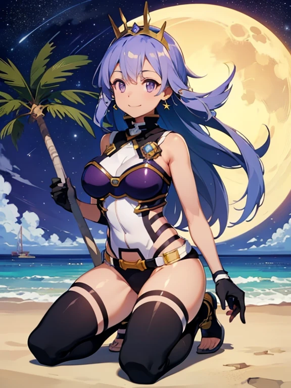 layer_megamanx, 1girl, solo, long hair, purple hair, blunt bangs, hair over eyes, large breasts, dark skin, dark-skinned female, android, underboob, robot ears, overlooking the ocean on the edge of a rock, in the style of avian-themed, realistic yet stylized, villagecore, azure, orange and azure, dragoncore, aerial view