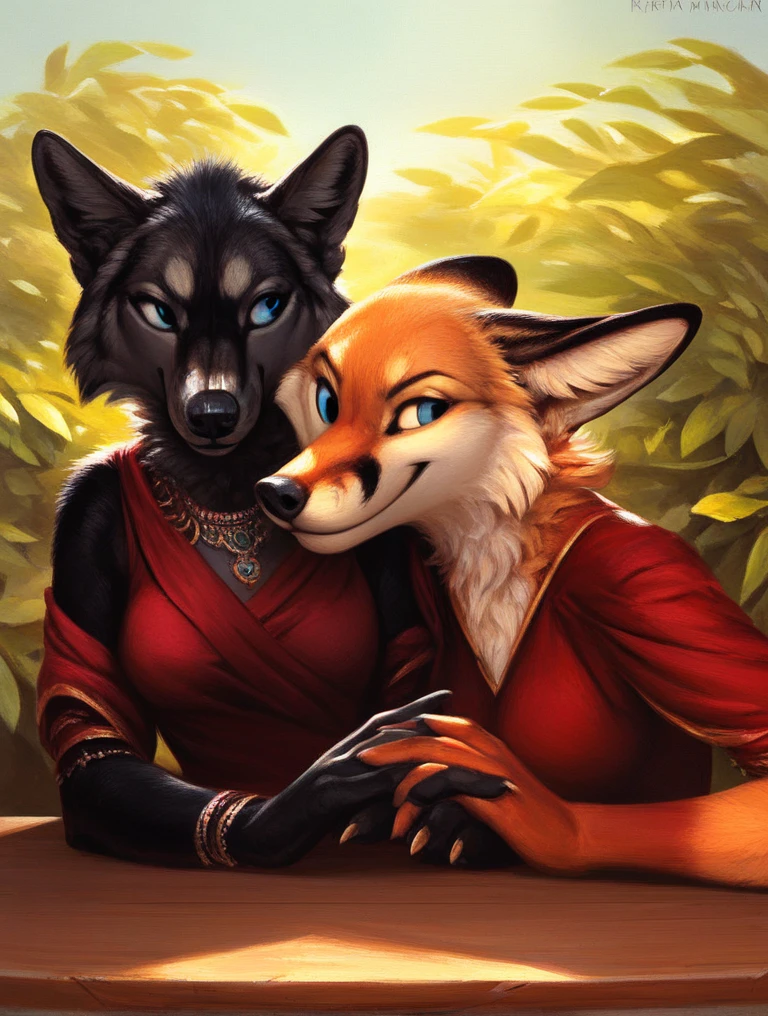 score_9, score_8_up, score_7_up, source_furry, rating_safe, by kenket, anthro, duo, female/female, wolf, disappointment, doggy style, fullbody portrait, black body, blue eyes, fox, orange body, hand holding, face to face, competitive, dresses, fullbody, table
