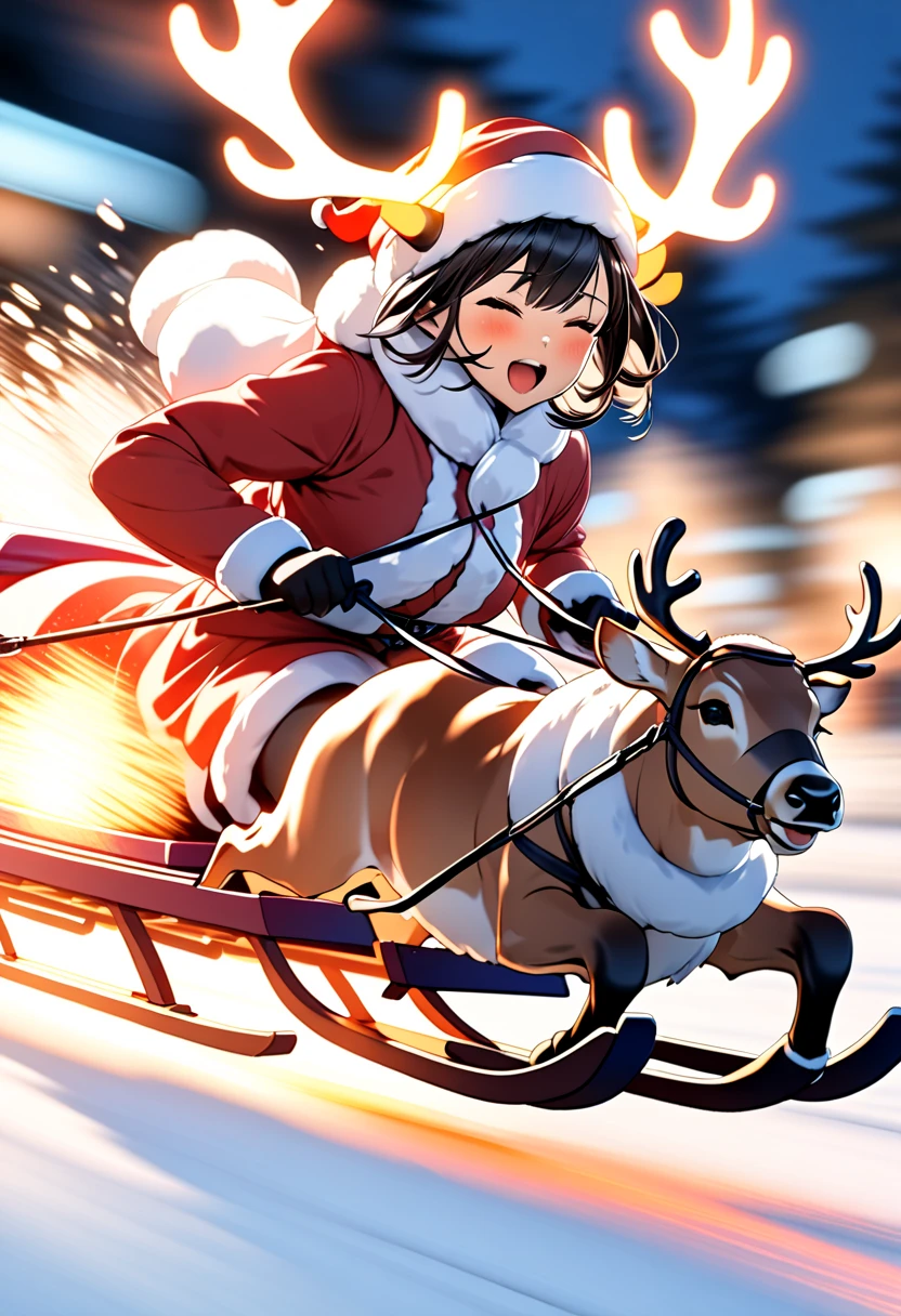 Beautiful Santa Claus pulling a reindeer sleigh･Lady、 is skidding on a high-speed drift、Scatter up powdery snow(( motion blur with glowing horns:2.5 ,  Blurred Background ,  Double Exposure:0.8))