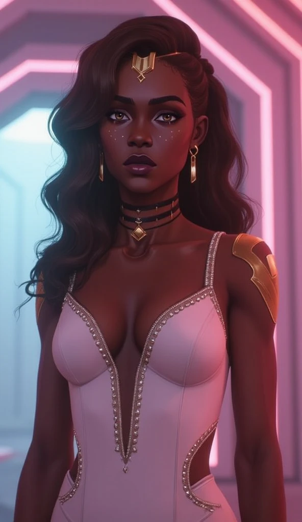 NSFW Neon, Retro, fantasy, girl, sweet face, with long brown hair, dark skin, in a light open white dress with a low neckline on the chest with diamonds on the fabric with open shoulders, expressive breasts, gorgeous, face looks like Emilia Clarke, 8K, HD