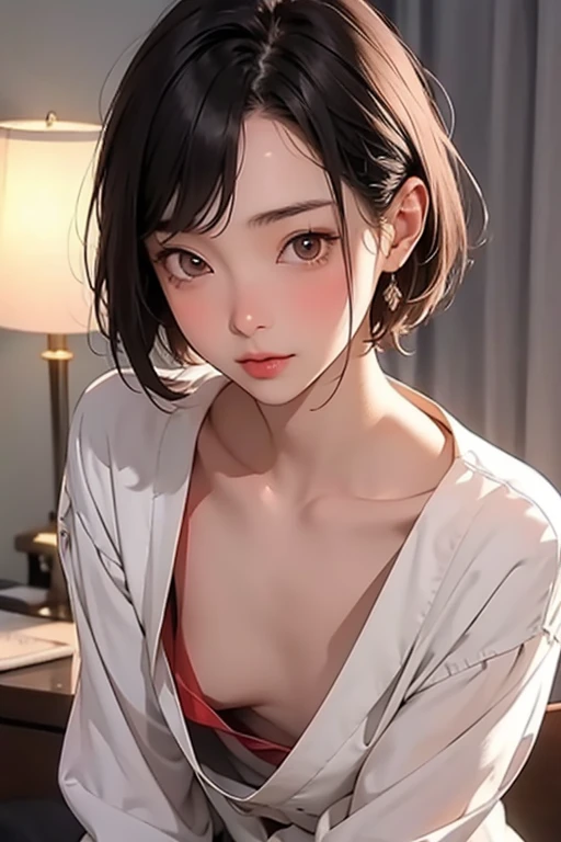 (masterpiece:1.4, best quality), (intricate details), unity 8k wallpaper, ultra detailed, beautiful and aesthetic, perfect lighting, 1girl, smirk, slim, slender, blue eyes, long hair, shiny hair, blue hair, bangs, caityln, mature body, small_breasts, flat_chest, leaning forward, facing viewer, from below, white shirt, black pants, areola slip, <lora:downblouse-v1:0.6>, down blouse, embarrassed, blush, ^ ^, indoor, (hair ruffling) <lora:sd-No.144:0.25>