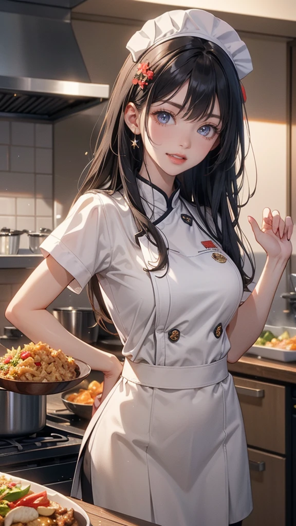 Random pose, Random hairstyle,  Black Hair, hair ornaments, Ahoge, Hair Clip, x hair ornaments, (Gray eyes:1.1),tooth,happy smile, smile, Open your mouth,chef uniform, chef hat, chef, Zend 4y4, cooking, Chinese pan, fire, fried rice, Stove, フレームから足が外れている
break indoors, kitchen,
break looking at viewer, (Cowboy Shot:1.5),
break (masterpiece:1.2), highest quality, High resolution, unity 8k wallpaper, (shape:0.8), (Beautiful details:1.6), Highly detailed face, Perfect lighting, Extremely detailed CG, (Perfect hands, Perfect Anatomy),