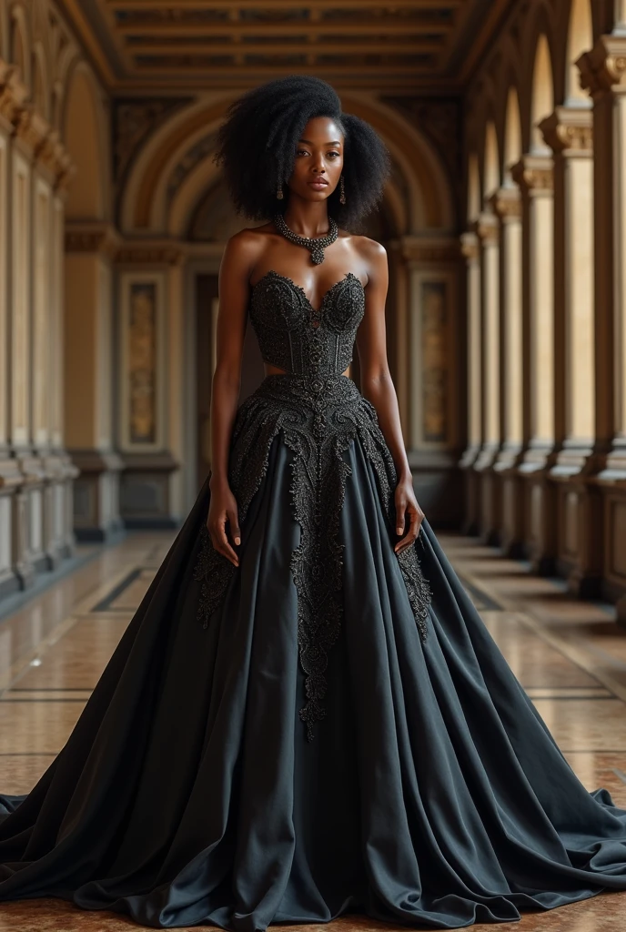 Latina female vampire with voluminous curly hair wearing a long black dress with a high collar and sleeveless dark brown eyes with a slight dark circle underneath
