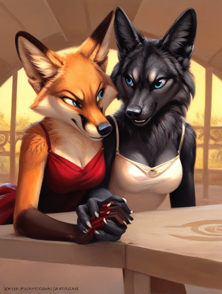 score_9, score_8_up, score_7_up, source_furry, rating_safe, by kenket, anthro, duo, female/female, wolf, disappointment, doggy style, fullbody portrait, black body, blue eyes, fox, orange body, hand holding, face to face, competitive, dresses, fullbody, table, competition, fight
