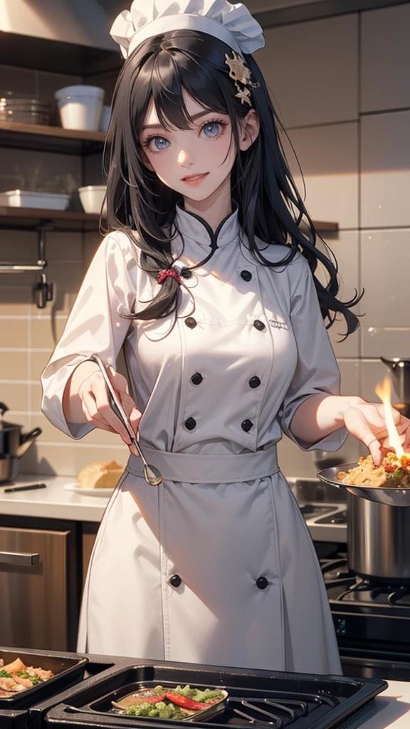 Random hairstyle,  Black Hair, hair ornaments, Ahoge, Hair Clip, x hair ornaments, (Gray eyes:1.1),tooth,happy smile, smile, Open your mouth,chef uniform, chef hat, chef, Zend 4y4, cooking, Chinese pan, fire, fried rice, Stove, フレームから足が外れている
break indoors, kitchen,
break looking at viewer, (Cowboy Shot:1.5),
break (masterpiece:1.2), highest quality, High resolution, unity 8k wallpaper, (shape:0.8), (Beautiful details:1.6), Highly detailed face, Perfect lighting, Extremely detailed CG, (Perfect hands, Perfect Anatomy),