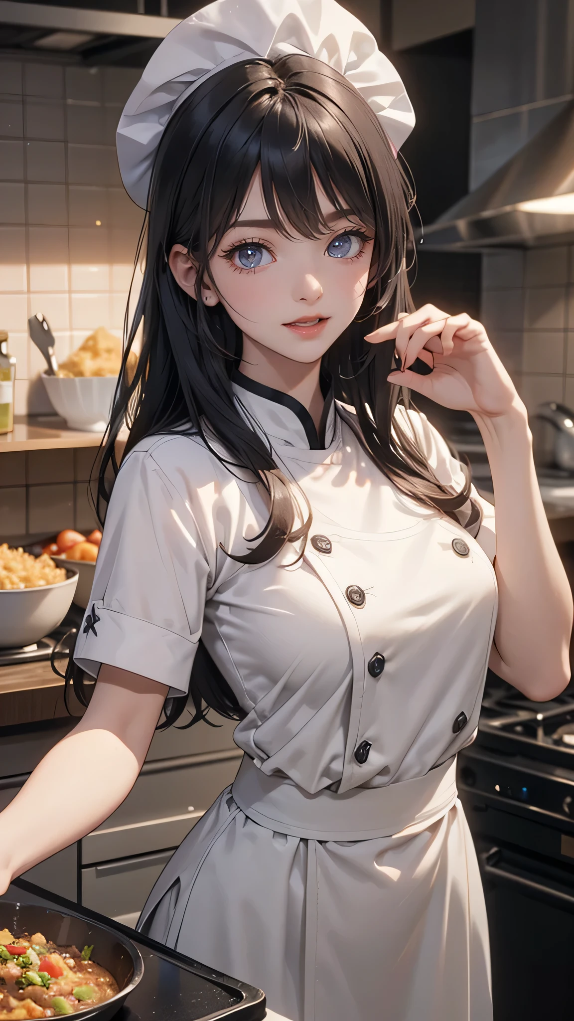 Random pose, Random hairstyle,  Black Hair, hair ornaments, Ahoge, Hair Clip, x hair ornaments, (Gray eyes:1.1),tooth,happy smile, smile, Open your mouth,chef uniform, chef hat, chef, Zend 4y4, cooking, Chinese pan, fire, fried rice, Stove, フレームから足が外れている
break indoors, kitchen,
break looking at viewer, (Cowboy Shot:1.5),
break (masterpiece:1.2), highest quality, High resolution, unity 8k wallpaper, (shape:0.8), (Beautiful details:1.6), Highly detailed face, Perfect lighting, Extremely detailed CG, (Perfect hands, Perfect Anatomy),