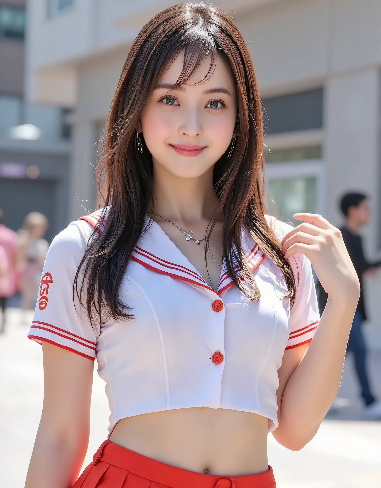 NSFW, (Highest quality), (Ultra-precise CG 16K wallpaper), (Realistic: 1.6), (High saturation), (Sharp), Beautiful detailed shading, Beautiful natural lighting, Beautiful detailed glow, Bright sunlight in the daytime, Natural light, Depth of field, (Mature 24 year old woman, One person: 1.6), (Very beautiful Japanese face), (Sasaki Nozomi), (Straight twin tail hair, bangs: 1.6), (Shiny black hair), (Sparkling eyes), (C cup size breasts, cleavage, slim thighs: 1.6), (Beautiful breasts), (Beautiful legs), (Beautiful skin), Beautiful proportions, (Smile: 1.1), (Looking at me: 1.6), (High school girl sailor uniform, wearing red pleated mini skirt: 1.6), (Wearing necklace), (Fashion model pose: 1.6), (Park square), (Full screen image:1.6), (full body shot:1.6), (image of a woman seen from the diagonal front:1.6), (woman standing in a square:1.6),