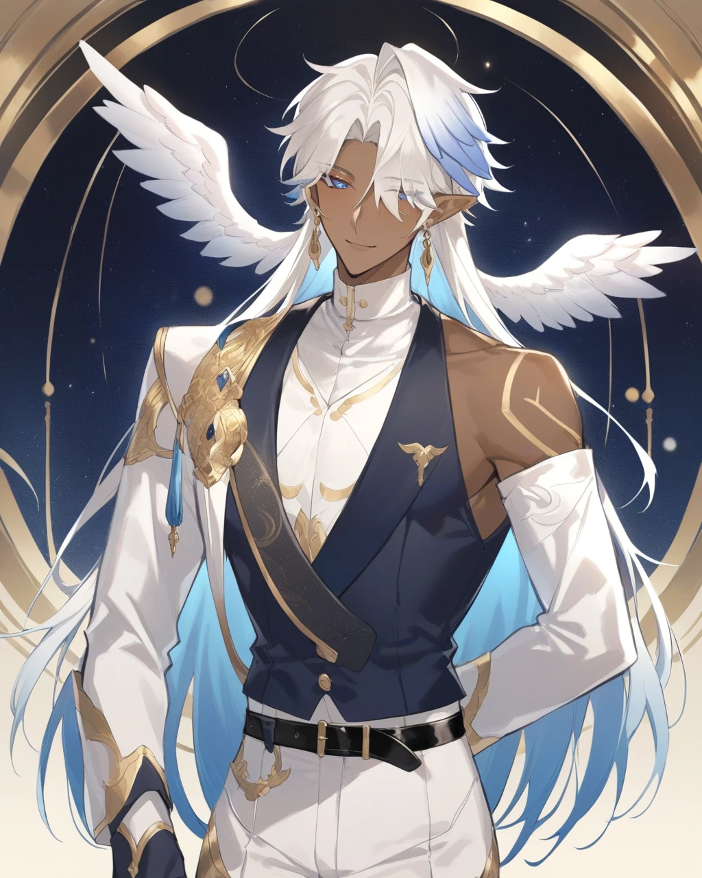 a handsome man with dark brown skin and short neck length straight slightly wavy fluffy white hair with blue tips with parted down to the middle bangs and sharp celestial blue eyes wears a long sleeved white shirt and a navy blue vest with gold markings and white pants with a black belt has a gentle smile and white wings, ear wings, head wings in a manhwa