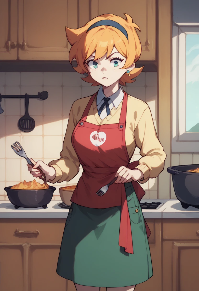 Lotte Jason,  with green skirt  ,yellow sweater ,a red apron , cooking 