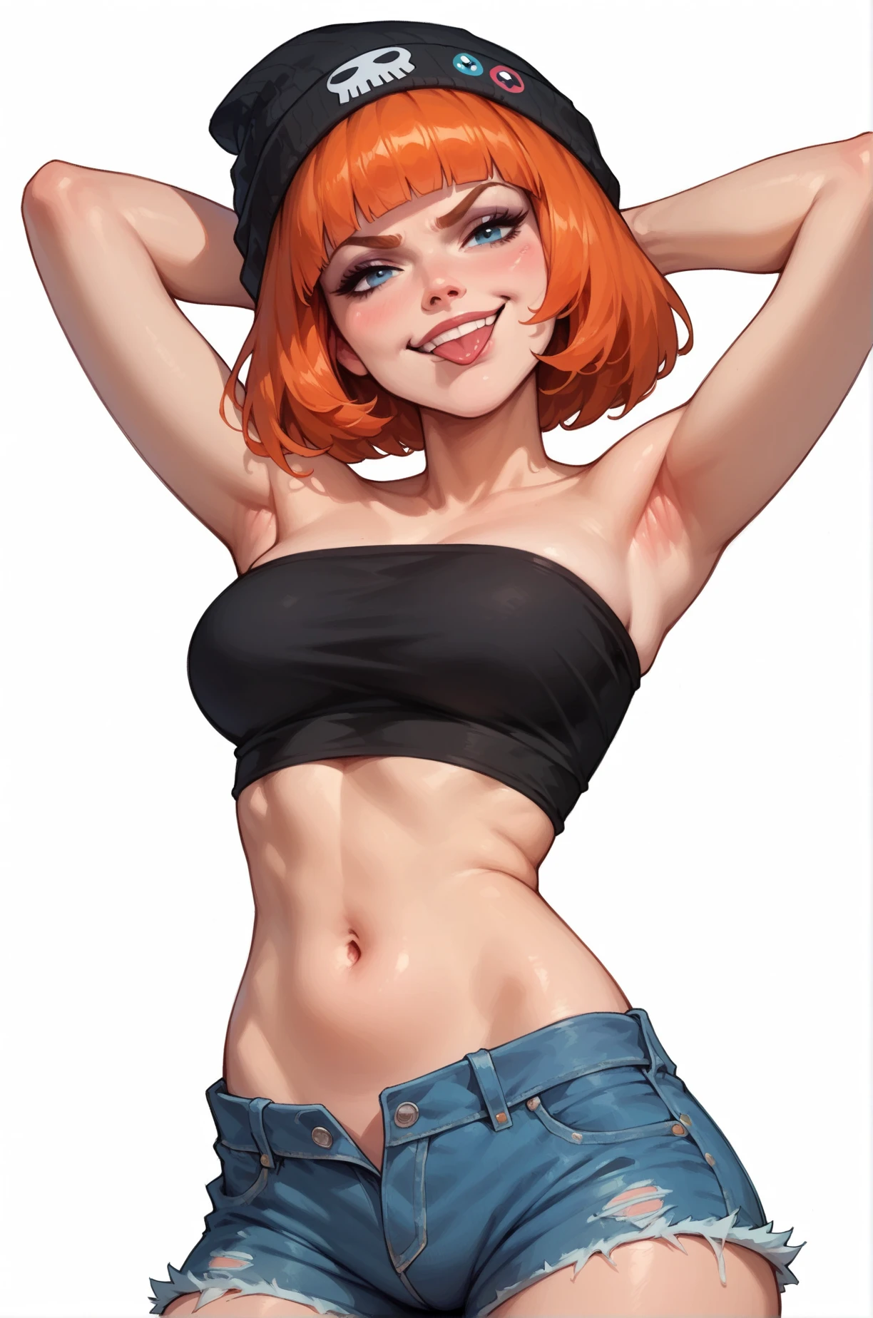 score_9, score_8_up, score_7_up, cartoon of a girl, cute face, sexy, slutty, smirk, blue eye, smirk, orange hair, short hair, hime cut, black beanie, black tube top, denim shorts, navel, sticking out her tongue, hands behind head, standing, white background