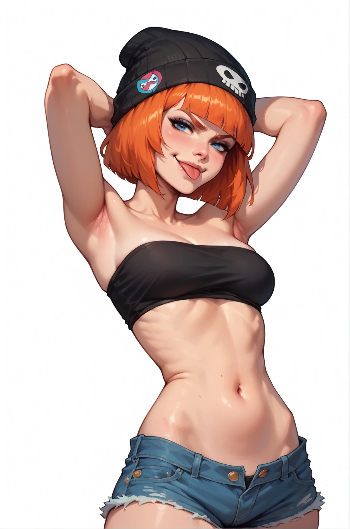 score_9, score_8_up, score_7_up, cartoon of a girl, cute face, sexy, slutty, smirk, blue eye, smirk, orange hair, short hair, hime cut, black beanie, black tube top, denim shorts, navel, sticking out her tongue, hands behind head, standing, white background