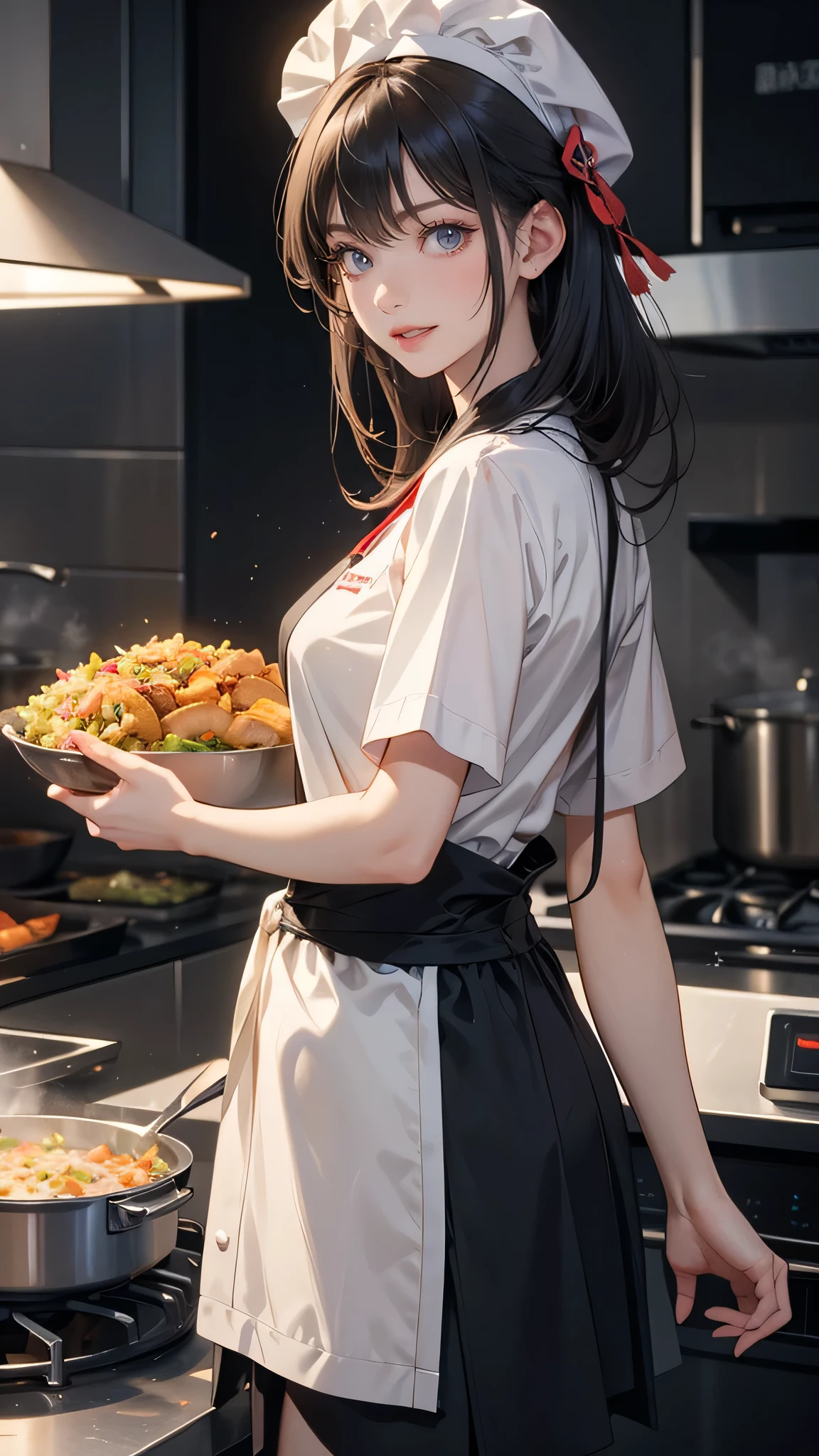 Random hairstyle,  Black Hair, hair ornaments, Ahoge, Hair Clip, x hair ornaments, (Gray eyes:1.1),tooth,happy smile, smile, Open your mouth,chef uniform, chef hat, chef, Zend 4y4, cooking, Chinese pan, fire, fried rice, Stove, フレームから足が外れている
break indoors, kitchen,
break looking at viewer, (Cowboy Shot:1.5),
break (masterpiece:1.2), highest quality, High resolution, unity 8k wallpaper, (shape:0.8), (Beautiful details:1.6), Highly detailed face, Perfect lighting, Extremely detailed CG, (Perfect hands, Perfect Anatomy),