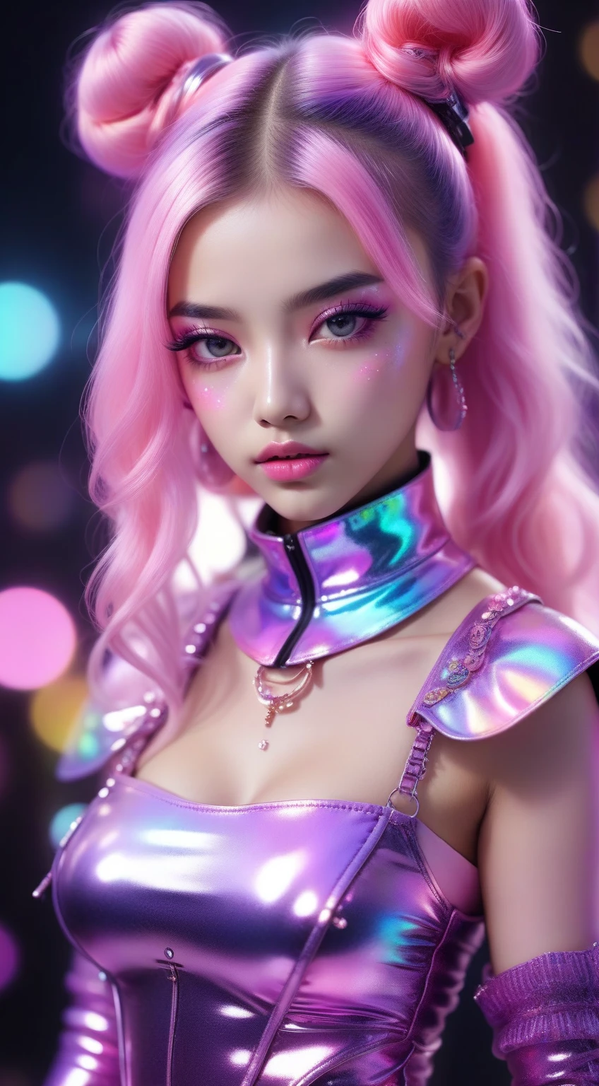 Young woman (ethnicity:1.0), (age:1.1), (detailed clothing:1.2), (accessories:1.2), (detailed facial features:1.3), (expression:1.1), (body type:1.1), (pose:1.1),  with vibrant iridescent hair in pastel pink and purple.  (hair style:1.1),  Double pigtails,  wearing  round sunglasses (color:1.1) in pink and iridescent finish , star-embellished gloves (color:1.2) covering her hands and matching iridescent metallic outfit.  (clothing details:1.2). The outfit has a high collar and displays a iridescent glimmer.  (material: 1.2)  Darker details in black accents her collar and shoulder detailing. (color: 1.1). Medium close-up, centered in frame ,looking directly at viewer.  Dark background with scattered bright spots, creating a dreamy, vibrant atmosphere. (color palette:1.2). Digital illustration,  anime style,  photorealistic details,  vivid colors.