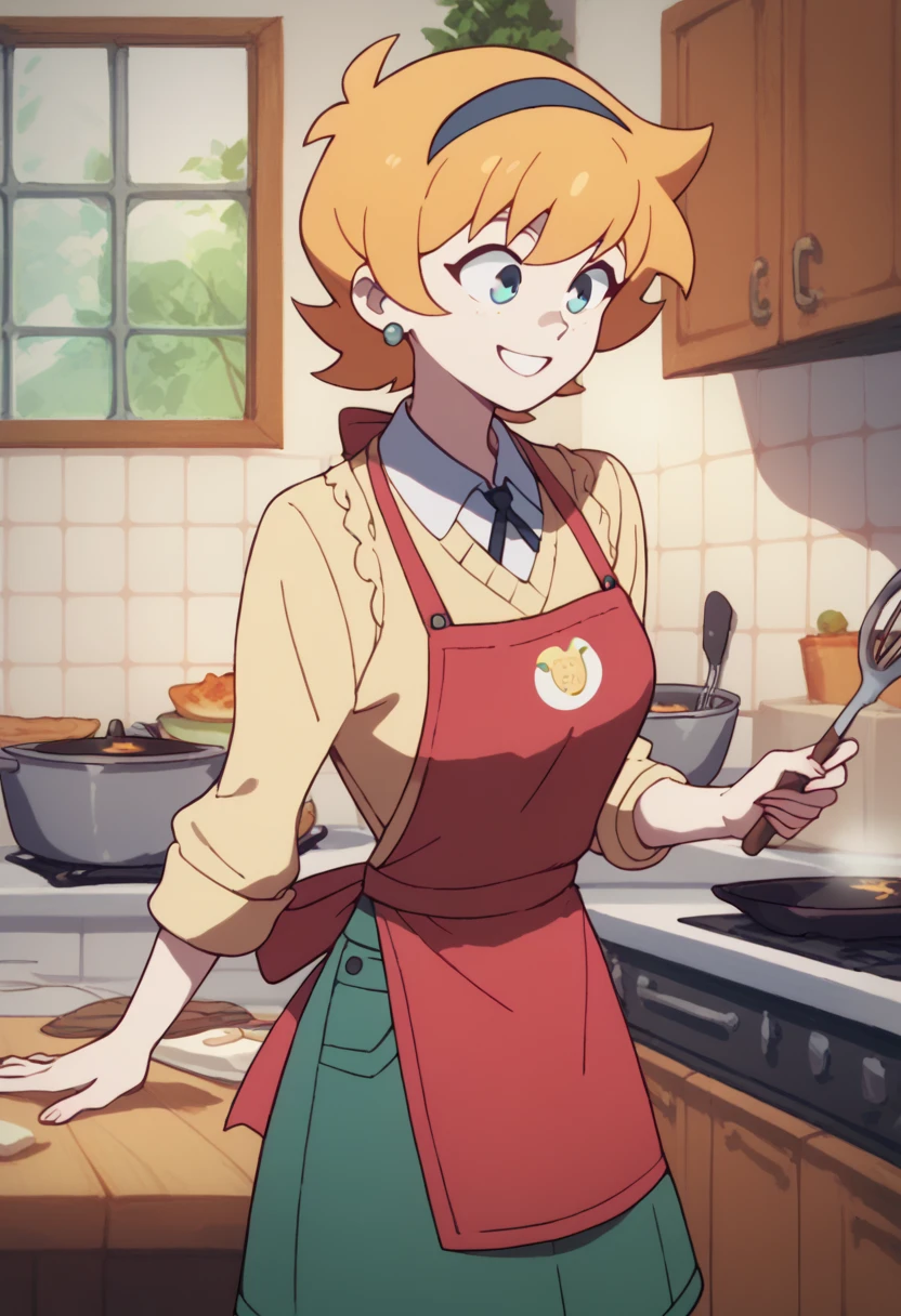 Lotte Jason,  with green skirt  ,yellow sweater ,a red apron , cooking,smiling,jealous