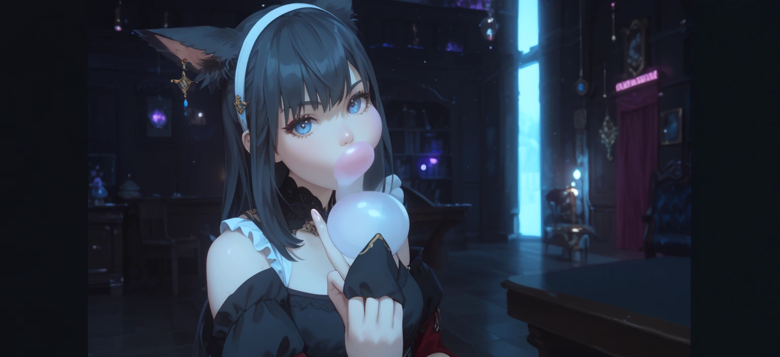 a close up of a person with a black hair and a black dress, final fantasy 14 style, final fantasy 1 4 screenshot, trending on pxiv, cutscene footage, grinning lasciviously, tranding on pxiv, with index finger, final fantasy 1 4, anime cgi, noire moody scene, sora as a cat, cgi cutscene, (((blowing gigantic bubblegum)))