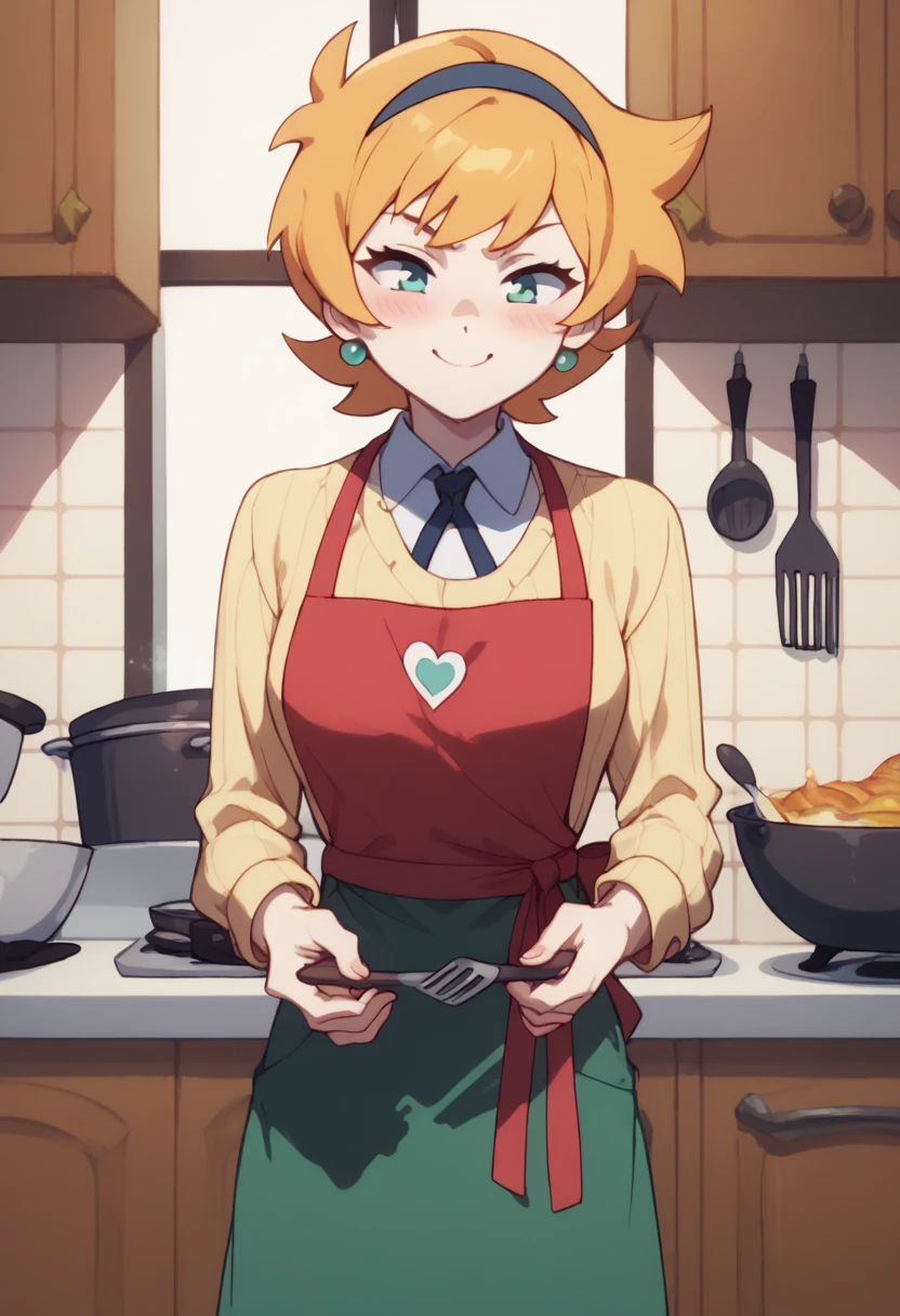 Lotte Jason,  with green skirt  ,yellow sweater ,a red apron , cooking,smiling, blushing ,annoyed