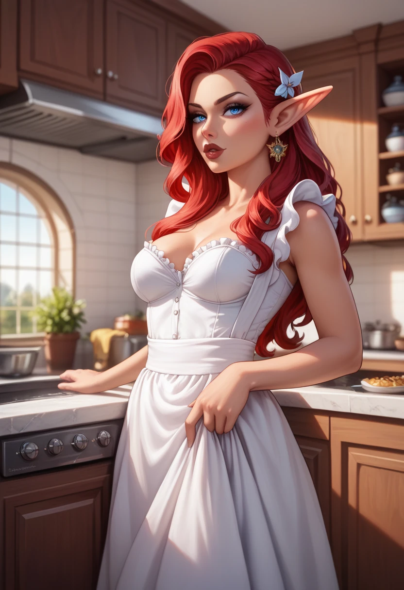 ((ultra quality)), ((Masterpiece)), ((8K)), ((elf house worker)), ((long red hair)), (Beautiful face), (Dark lips), charming, ((sexy facial expression)), looks at the camera, eyes closed a little, (skin color dark blue), (dark blue skin), glare on the body, ((detailed beautiful female eyes)), ((Light blue eyes)), (beautiful female lips), (dark eyeliner), (beautiful female hands), ((Ideal female figure)), Ideal female body, beautiful waist, beautiful hips, Medium breasts, (cloth: housemaid costume), ((subtle and beautiful)), stands temptingly (face close up), background: big fantasy, house kitchen, ((depth of field)), ((high quality clear image)), (clear details), ((High detail)), realistically, ((Clear Focus))