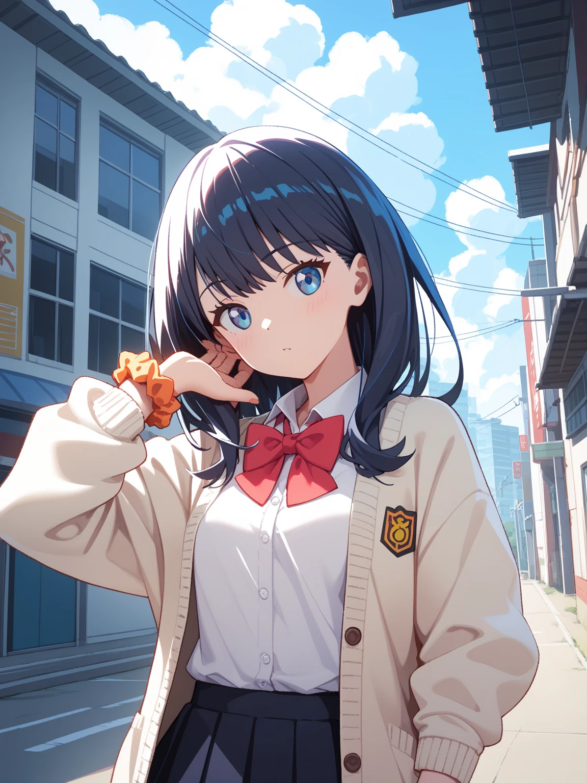 masterpiece,best quality,game cg,1girl,takarada_rikka,gridman_universe,ssss.gridman,bow,wrist_scrunchie,outdoors,adjusting_hair,furrowed_brow,upper_body,solo,black_hair,collared_shirt,bowtie,orange_scrunchie,scrunchie,blue_eyes,red_bowtie,white_cardigan,sky,straight_hair,hair_between_eyes,white_shirt,shirt,looking_at_viewer,floating_hair,cardigan,red_bow,long_hair,hand_up,artist_logo,