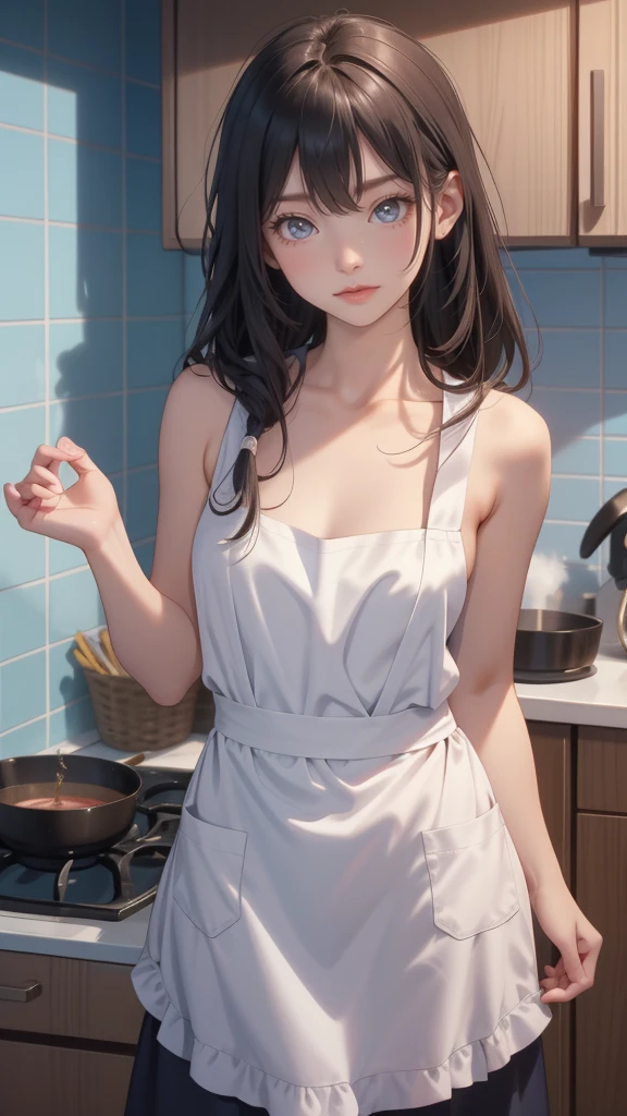 1girl in、A smile、Cooking in your room、barechested、Wearing only an apron、（（small ））、