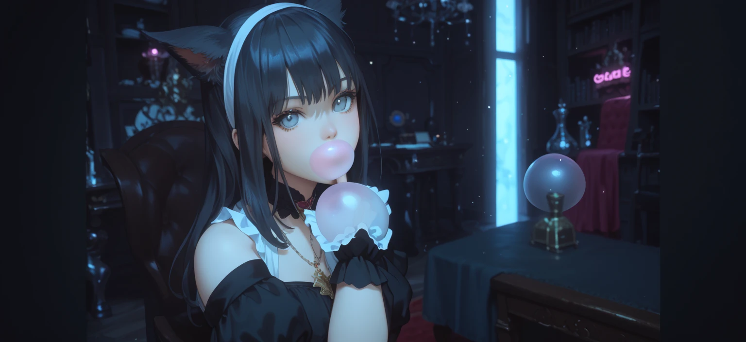 a close up of a person with a black hair and a black dress, final fantasy 14 style, final fantasy 14 screenshot, trending on pxiv, cutscene footage, grinning lasciviously, tranding on pxiv, with index finger, final fantasy 1 4, anime cgi, noire moody scene, sora as a cat, cgi cutscene, (((blowing gigantic bubblegum))), gray eyes, 