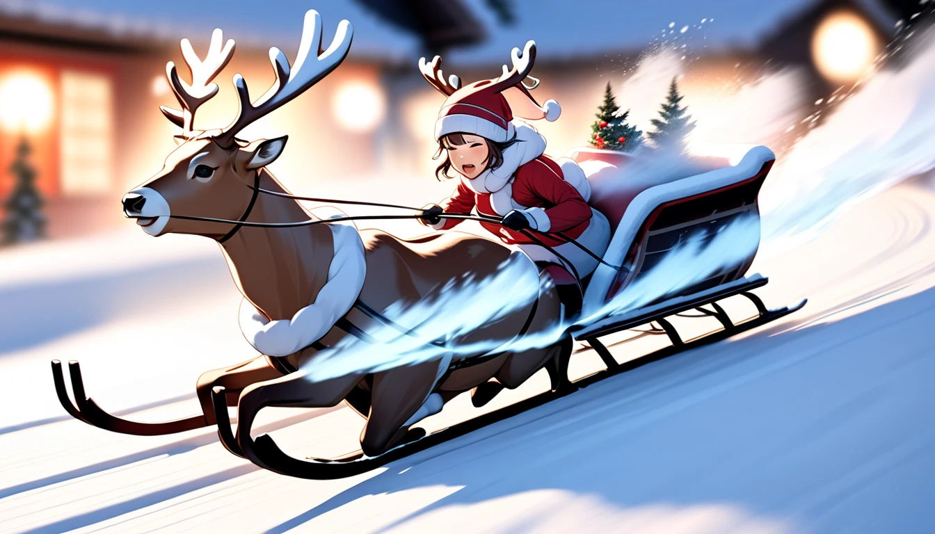 Beautiful Santa Claus pulling a reindeer sleigh･Lady、 is skidding on a high-speed drift、Scatter up powdery snow(( motion blur with glowing horns:2.5 ,  Blurred Background ,  Double Exposure:0.8))