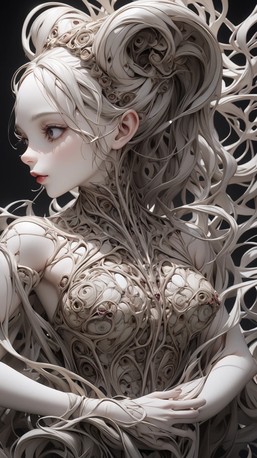highest quality,4K,8k,High resolution,masterpiece:1.2),Very detailed,Realistic,photoRealistic:1.37,this creature, A terrifying fusion of a spider and a six-armed human woman, It embodies a grotesque harmony between two different forms.. The upper body retains unmistakably feminine features., Although it has been distorted during the merger process. His eyes shine with sinister intelligence, More spiders than humans. (Beautiful long hair, White skin:1.3), (Red lips)
Four more hands grow from the torso., Long and thin like a spider、There is a joint, but、It retains an eerily human-like texture.. In these arms、It has sharp-tipped fingers, Chitinous Claws, Can tear flesh easily.
The lower body is a mix of spider and human anatomy, The abdomen stretches backwards like a monstrous arachnid.. Jagged spines protrude from its exoskeleton., Each a reminder of its unnatural origins. feet, A grotesque combination of a human thigh and a spider's hairy limb, Offers both agility and strength, Able to glide across surfaces with incredible speed and grace.
in its existence, I can't help but feel a primal fear., It's like staring into an abyss where man and spider combine to create a nightmare avatar..