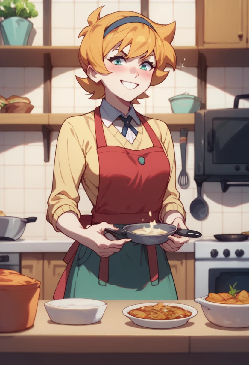 Lotte Jason,  with green skirt  ,yellow sweater ,a red apron , cooking,smiling, blushing ,annoyed