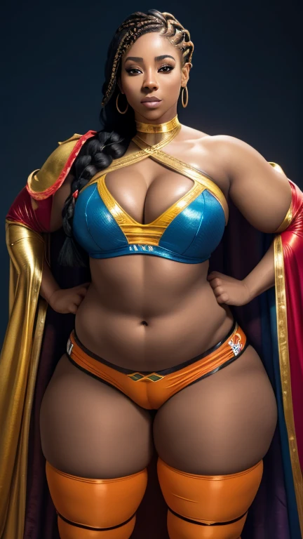 34 years old ebony woman, light skin, tall woman, chubby and curvy body, wearing orange and black wrestling gear, very long coppered braided hair, pulling top down exposing breasts, small breast, seductively looking at camera, orange and black matching clothes, a woman in a blue and red costume posing for a picture, the super hot and sexy, erotic body, super-hero girl, nerdy black girl super hero, superhero bikini, super hero, posing like a superhero, puerto rican super hero, giant stunning goddess shot, curvy, super hero pose, with cape, chubby body, curly hair,