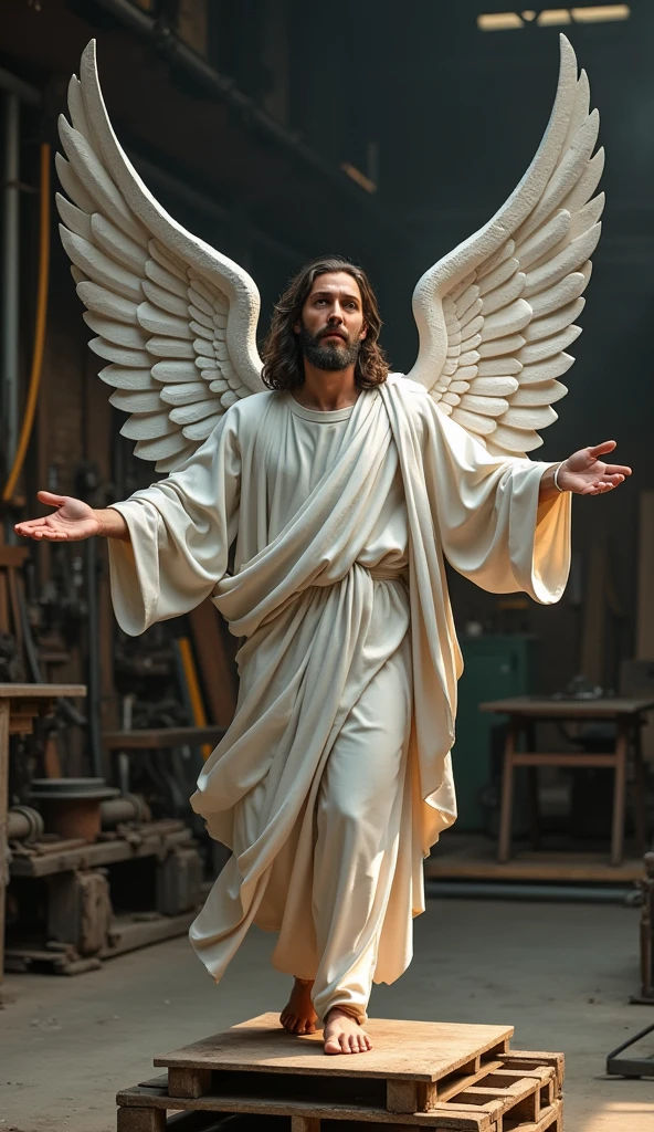 Jesus Cristo voando sobre as nuvens passando por Deus e seus anjos com armaduras Angelicais
