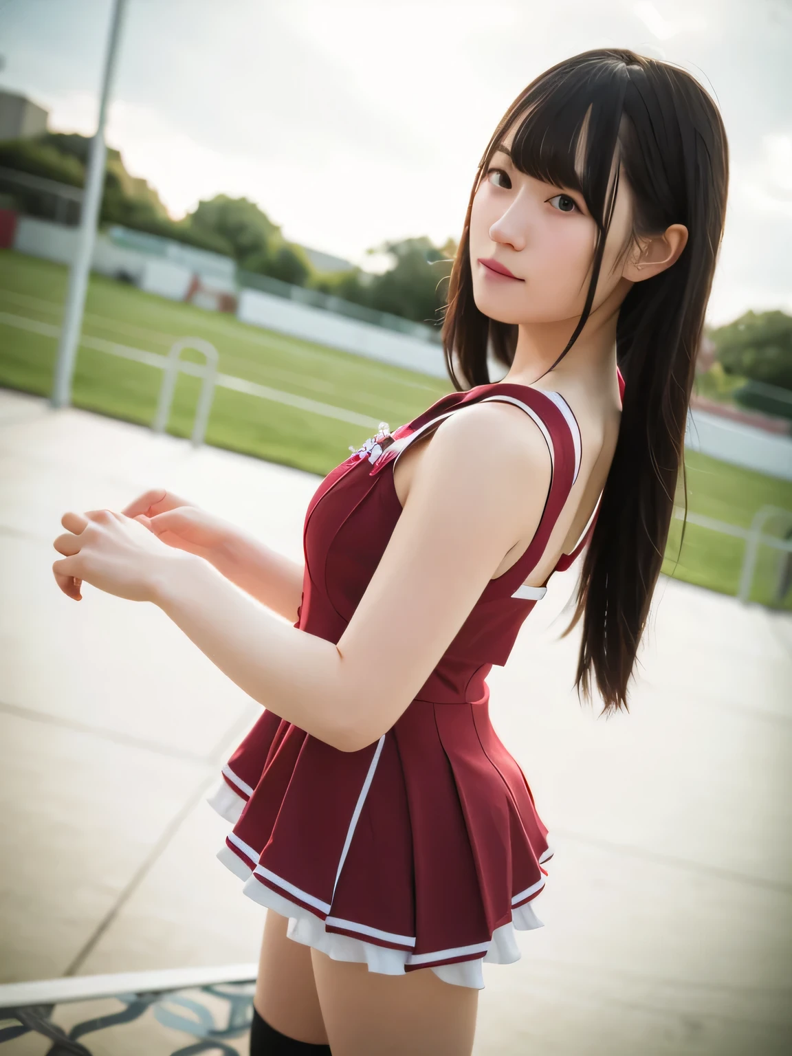 nsfw. She's wearing a cheerleader costume with a cute design, and her miniskirt and bright bow are eye-catching. She is holding blue pompoms in both hands. The background is a soccer stadium illuminated by the night sky, and the lighting creates a dramatic atmosphere. She is cheering in a pose with one leg raised high. White panties are visible. 20 years old, 8k, RAW Portrait ( Japanese Girl), photorealistic, ultra high resolution, top quality , realistic pictures of the garden , long hair, Light Smile, Cinematic Lighting,(Photo Backdrop :1.2), ( flat chest: 0.5). 