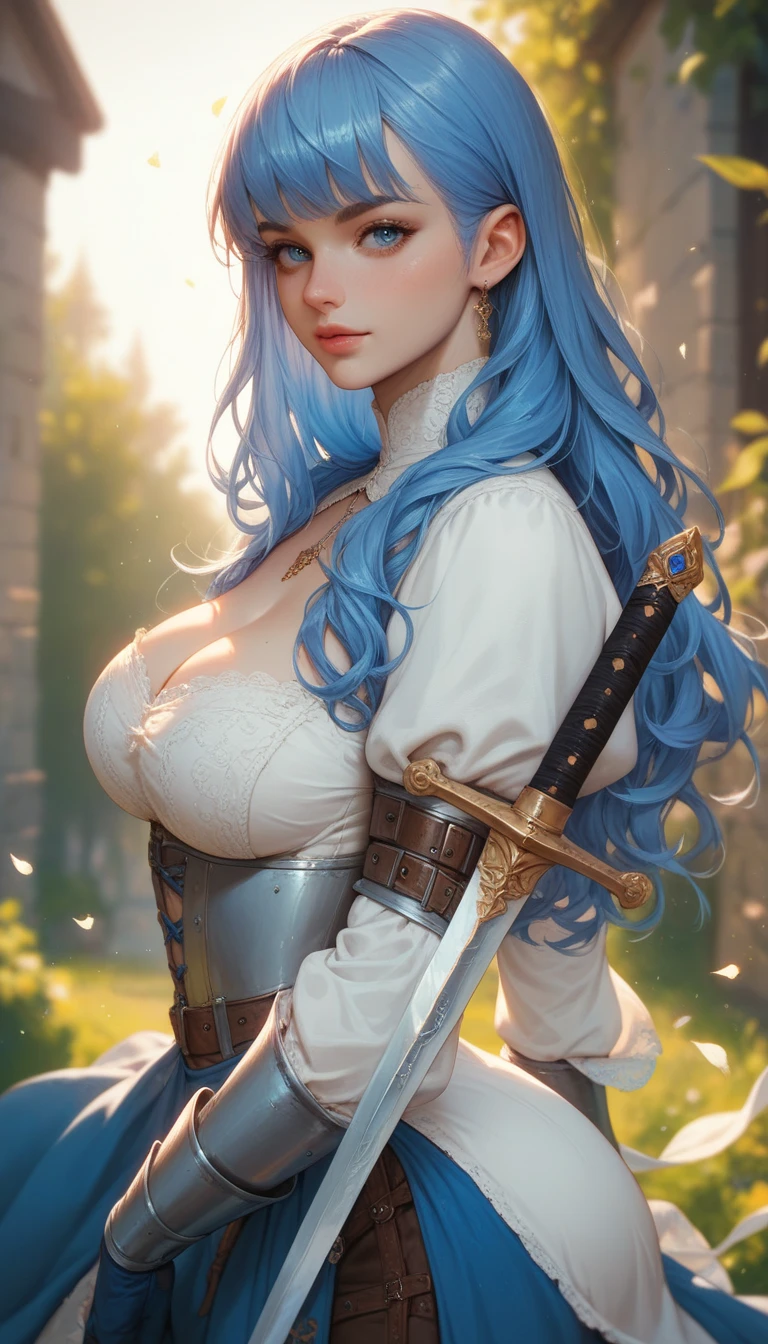 ultra detailed complex 3D rendering of a beautiful anime character, beautiful soft studio light, rim light, vibrant details,luxurious, lace, hyper-realistic, blue hair, showing intimate parts with ultra realism medieval world, holding a sword  