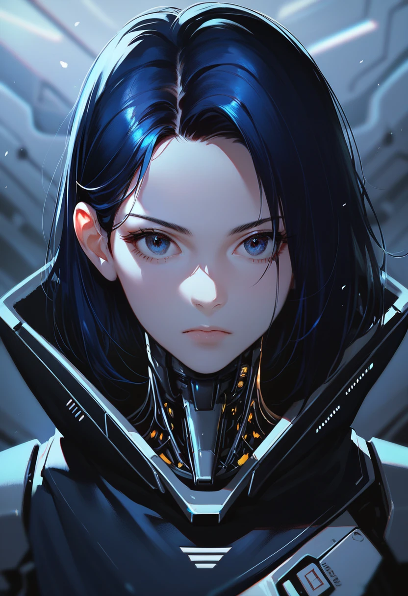 One woman, mature, anime, female anime character, dark eyes, expressionless, black short spiky hair, sharp face,artificial skin, black slim mechanical body frame, small chest, black cloak, elster, cyborg , mechanical jaw, mechanical neck, robotic, detailed anime character art, dark, facing center, close-up portrait, sharp focus, zPDXL3.