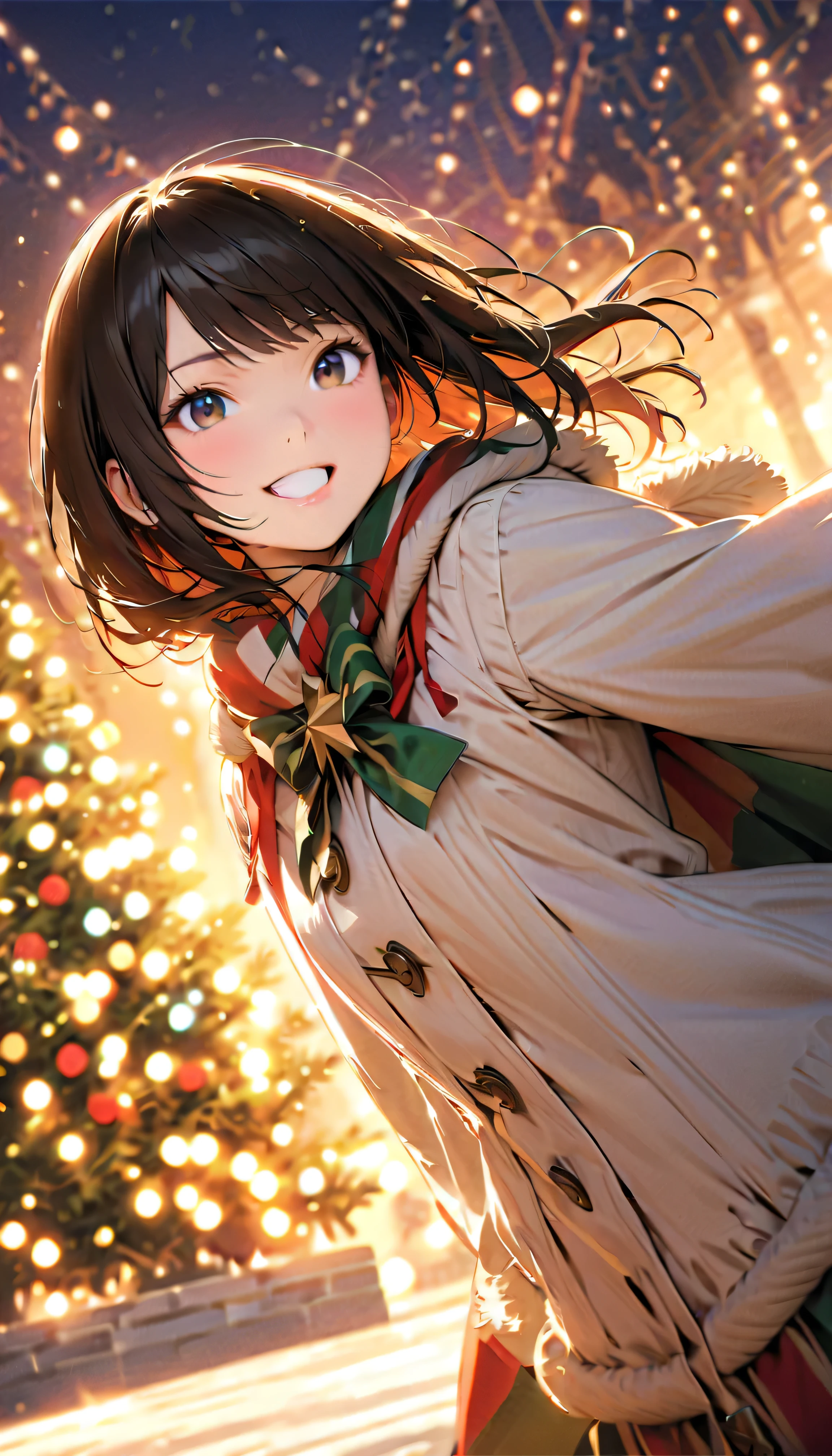 ( top quality :1.2, very detailed, Latest, vibrant, Masterpiece :1.2, top quality , best aesthetics) , Face Up Shot, ((( very detailed目と顔))), Official Art , 8k Ultra HD, very detailed, pop art , Delicate and dynamic, Blurred Background, Beautiful sparkle, Shining World, night view, christmas tree, Christmas Illuminations, Illumination Fantasy, backlight, one woman, 2.5D, smile, black eyes, black hair, Fluffy Winter Clothes , Get excited, dynamic pose, dynamic angle, Realistic