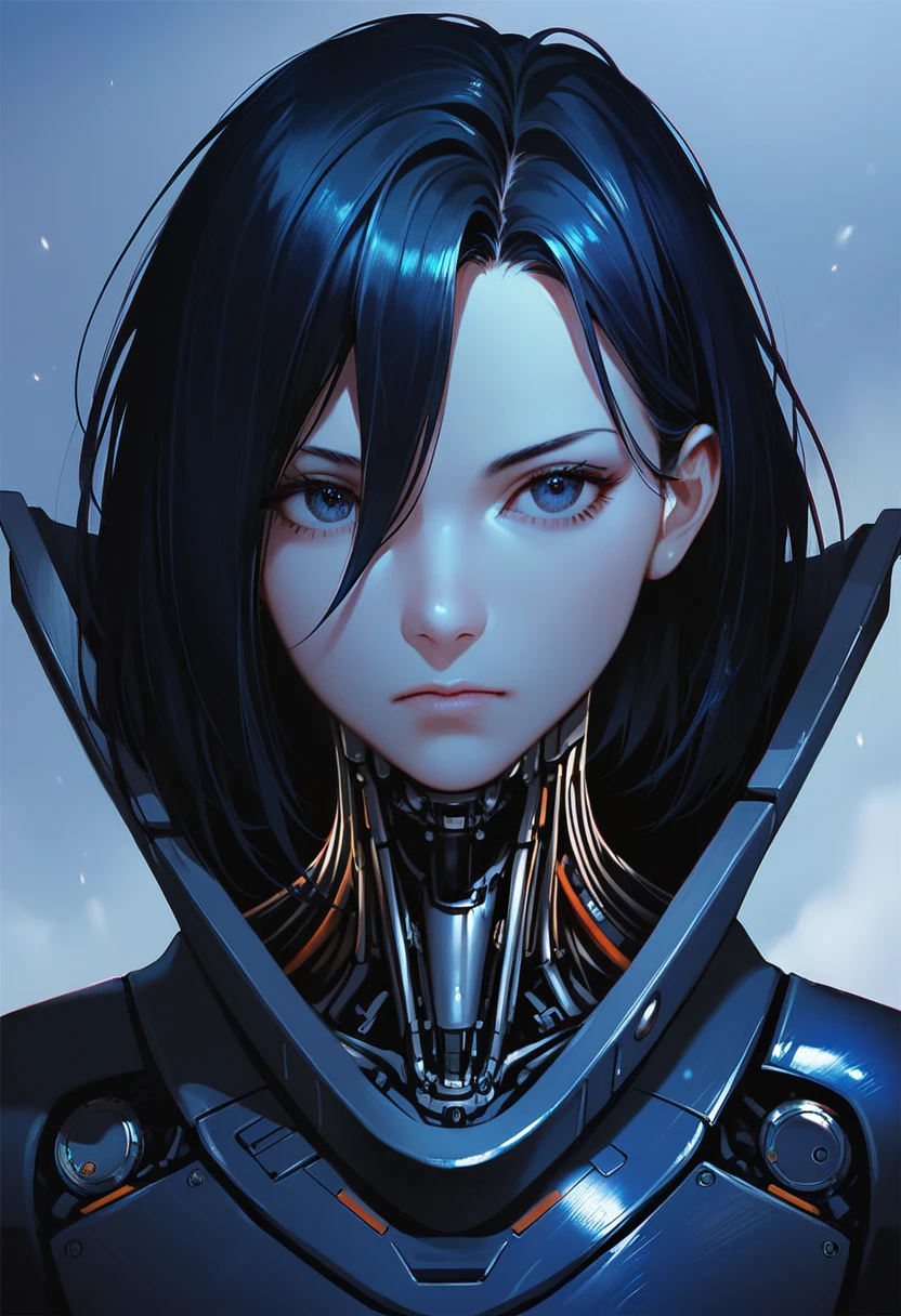 One woman, mature, anime, female anime character, dark eyes, expressionless, black short spiky hair, sharp face,artificial skin, black slim mechanical body frame, small chest, black cloak, elster, cyborg , mechanical jaw, mechanical neck, robotic, detailed anime character art, dark, facing center, close-up portrait, sharp focus, zPDXL3.