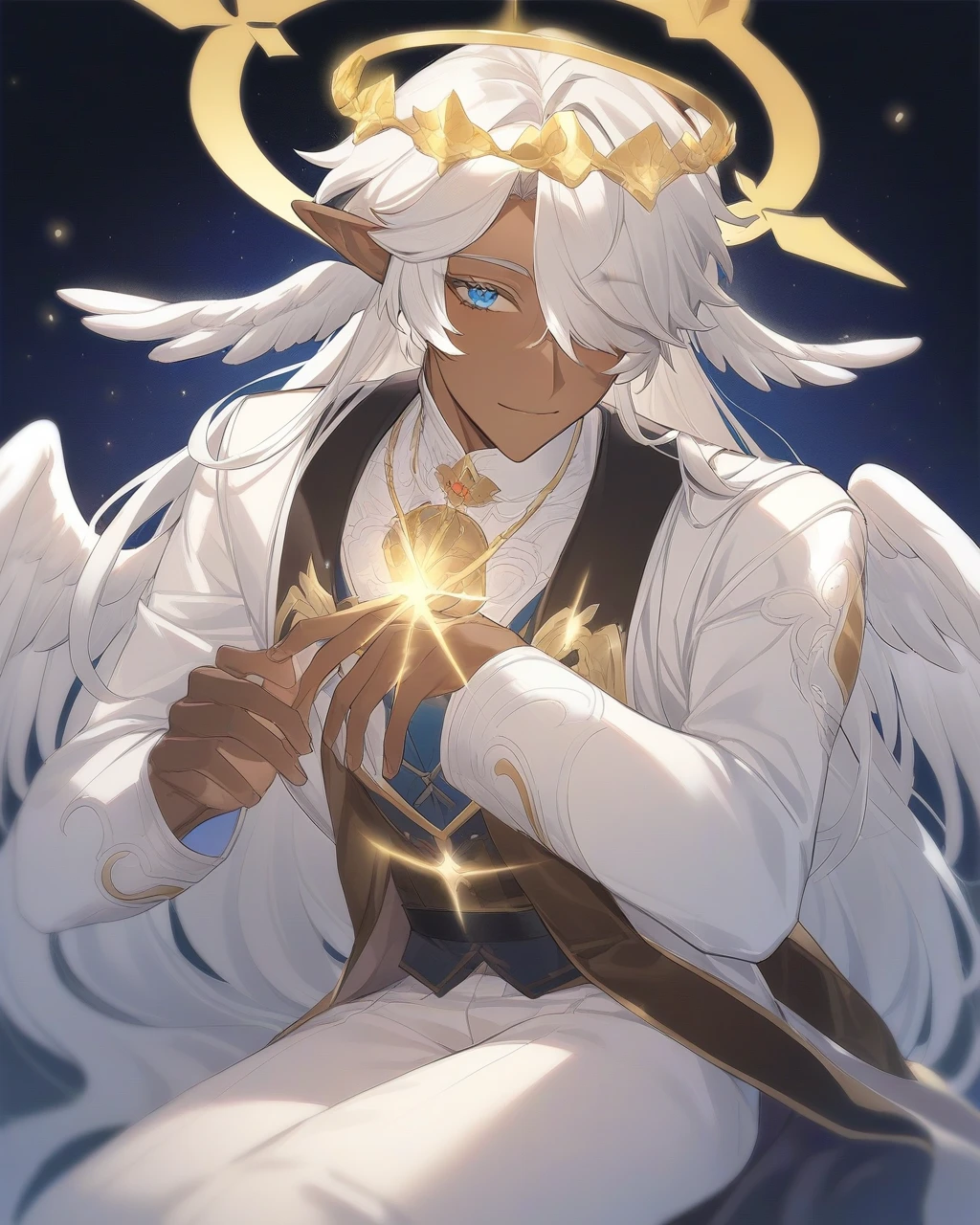 a handsome man with dark brown skin and short neck length straight slightly wavy fluffy white hair with blue tips with parted down to the middle bangs and sharp celestial blue eyes wears a long sleeved white shirt and a navy blue vest with gold markings and white pants with a black belt has a gentle smile and white wings, ear wings, head wings, golden glowing crown like halo in a manhwa