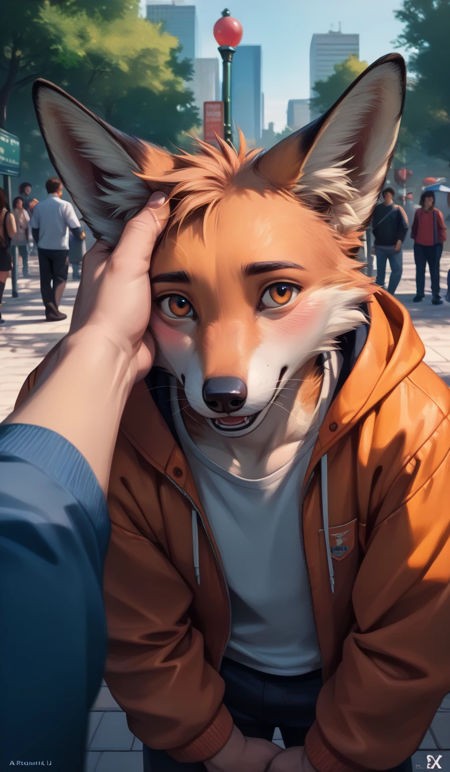 , , viewer and character, human and anthro, male,, fluffy, (orange  white and black colors fox), multi colored body, ((embarassing)), , ((head pat)), pov hand, , head tuft, ((blush)), (head_up:1.6), public, park, standing, looking at viewer
