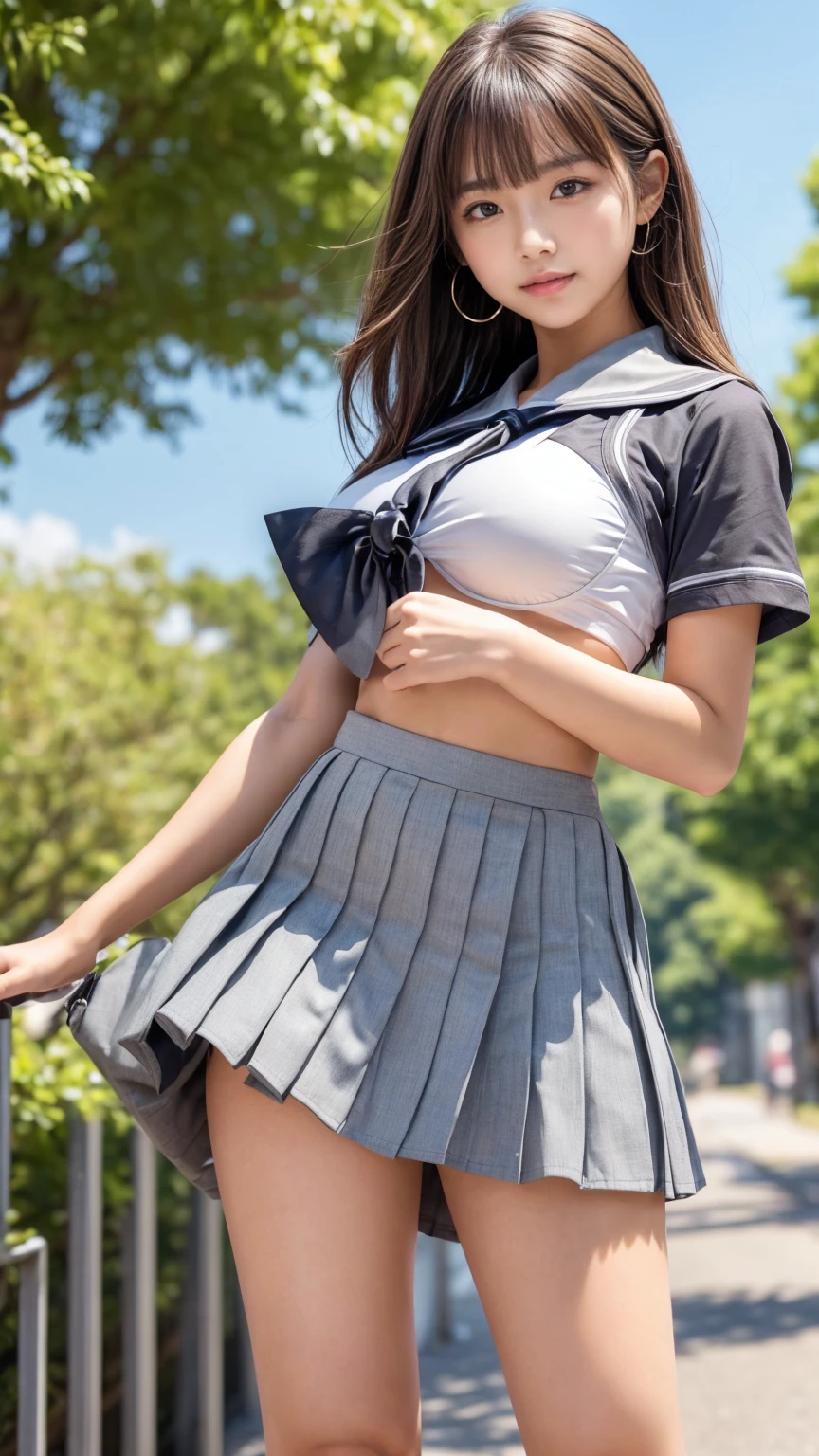 (8k, RAW photo, best quality, masterpiece:1.2)、(Real、Photorealistic:1.37)、1 Girl、Japanese、Black Hair、Long Hair、smile、((View your viewers))、(from below:1.4), (a 18years old pretty Japanese girl standing on rooftop of the building、school uniform)、Cowboy Shot、Close-up from the thigh up、(White sailor suit high 、Ribbon on chest、Pink and grey tartan check pleated mini skirt)、(White panties can be seen from the pleated skirt)、A navy blue schoolbag is slung over one shoulder.、((Sunset sky、cloud))