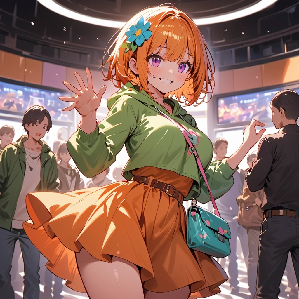  One Girl 、 green hooded hoodie with avant-garde design、 One Curl Bob Cut ,  cute white inner shirt ,  top quality 、Ultra-detailed eyes, 20 color light ,  fashionable clothes, Orange Hair、 purple eyes、smile、Big Breasts、 Game Center,  orange check skirt , DANCE GAME , cute pose , Very detailed background, Suddenly thighs ,  brown long boots ,  super high definition ,  dynamic illustration, Crowd in the background,  long eyelashes, On a date,  fashionable accessory, Brown belt,  flower hair accessory , Five-fingered hand,  cute little white shoulder bag ,