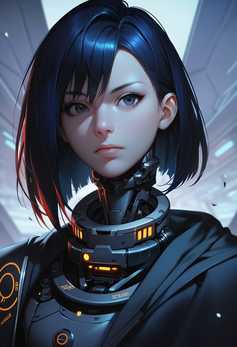 One woman, mature, anime, female anime character, dark eyes, expressionless, black short spiky hair, sharp face,artificial skin, black slim mechanical body frame, small chest, black cloak, elster, cyborg , mechanical jaw, mechanical neck, robotic, detailed anime character art, dark, facing center, close-up portrait, sharp focus, zPDXL3.