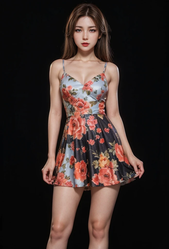 Japanese, high school girl, smile, young face, black hair, twin tails, hibiscus hair ornament, floral swimsuit, cleavage, necklace, high leg, sandals, starry night, full moon night, beach, standing in front of a palm tree, Milky Way, starry night, full moon night, tropical resort