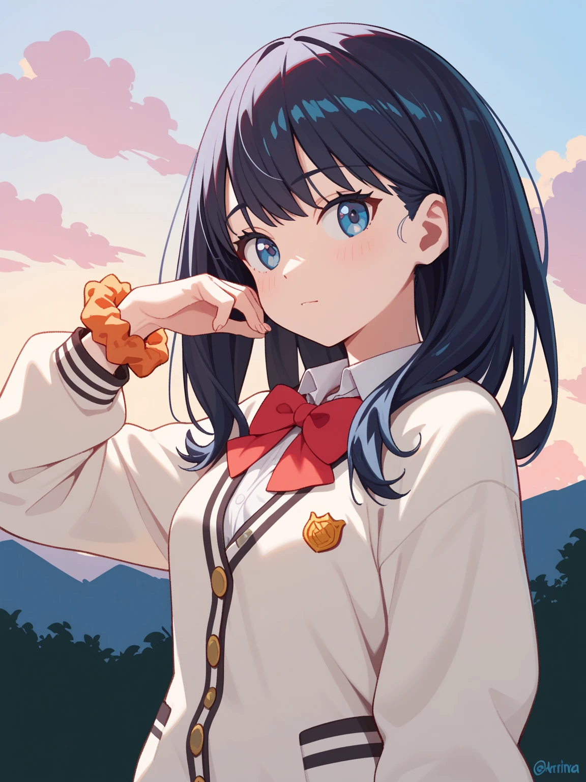 masterpiece,best quality,game cg,1girl,takarada_rikka,gridman_universe,ssss.gridman,bow,wrist_scrunchie,outdoors,adjusting_hair,furrowed_brow,upper_body,solo,black_hair,collared_shirt,bowtie,orange_scrunchie,scrunchie,blue_eyes,red_bowtie,white_cardigan,sky,straight_hair,hair_between_eyes,white_shirt,shirt,looking_at_viewer,floating_hair,cardigan,red_bow,long_hair,hand_up,artist_logo, chibi,